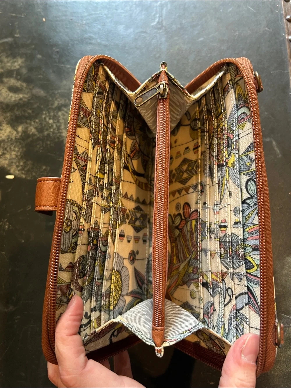 Sakroots Cream Floral Zip-Around Wallet with Brown Trim